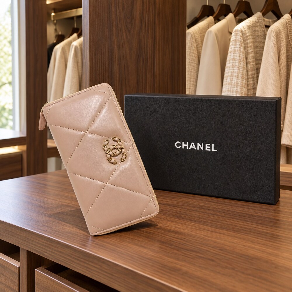 Chanel 19 Beige Lambskin Long Zip Wallet - Picture 3 of 6